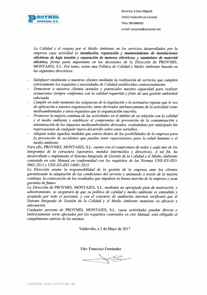 Política de Calidad y Medioambiente de Proymel Montajes SL
