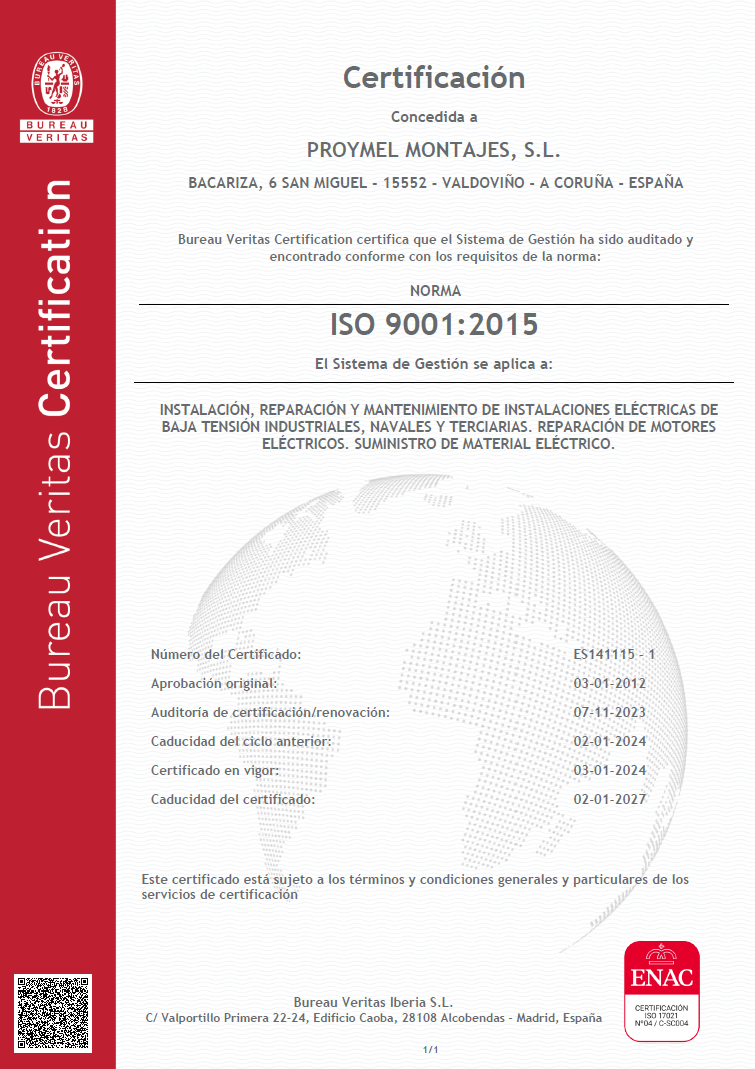 ISO 9001:2015 de Proymel Montajes SL